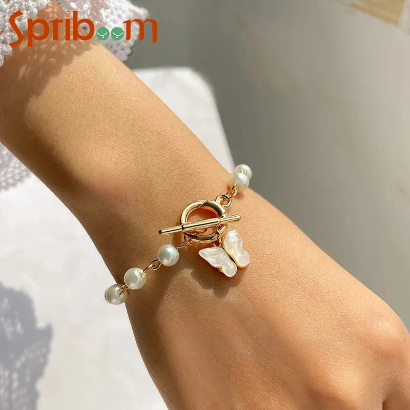 

Acrylic Butterfly Bracelets Women Girls Elegant Imitation Pearl Bracelet On Hand Colorful Butterflies Pendant Jewelry Party Gift