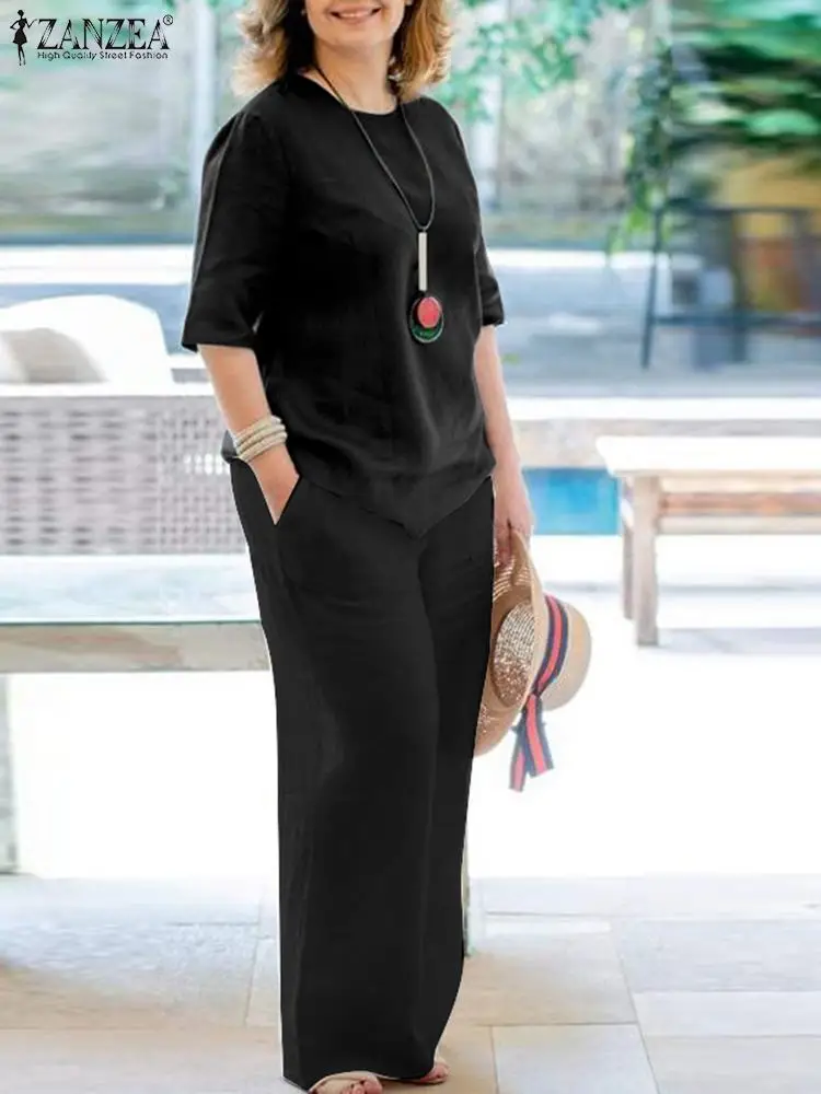 

Fashion Half Sleeve Blouse Trousers Suits ZANZEA 2PCS Women Matching Sets Summer Casual Wide Leg Pants Sets Loose Tracksuit 2023