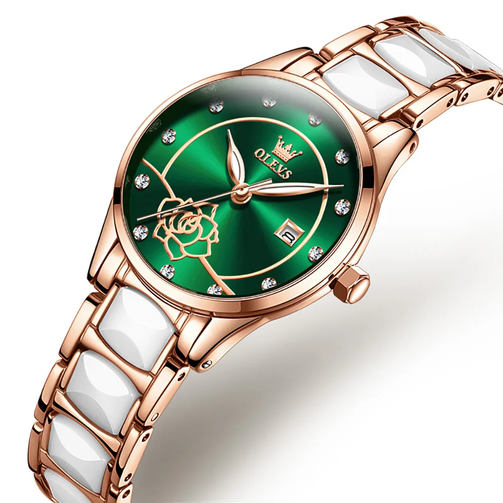 New Women Green Watches Simple Style Watches Women Quartz Watches Casual Watch Date Watch Ceramic Strap