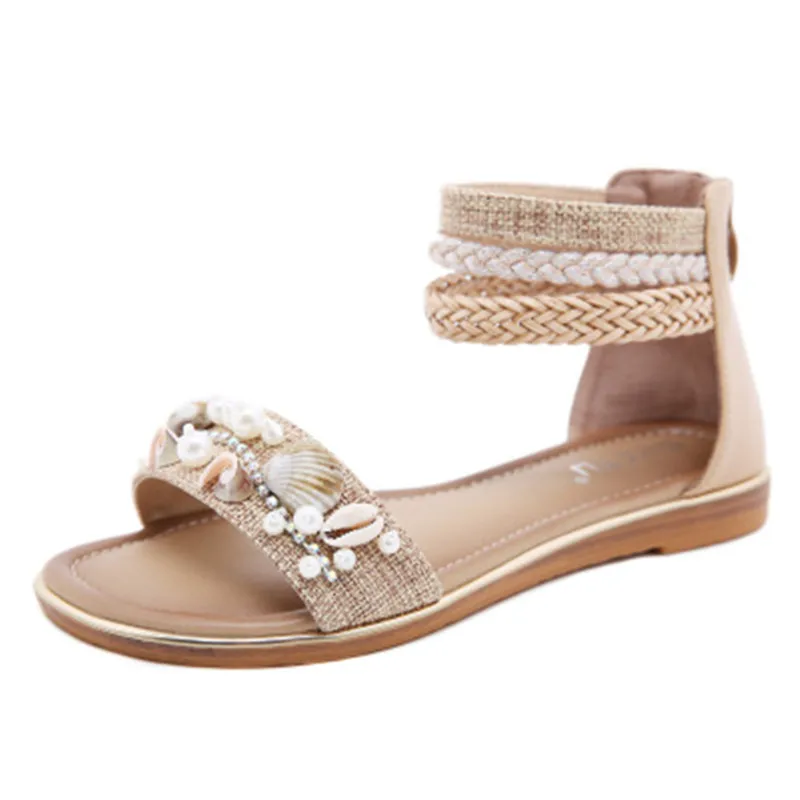 

New 2022 Ethnic Style Sandals Female Shell Beaded Wedges Retro Roman Sandals