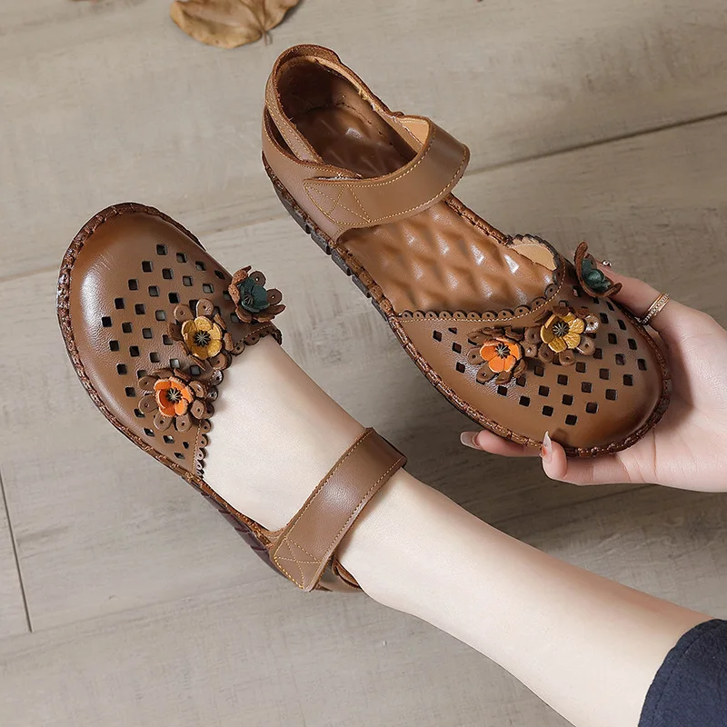 Plus Size 42 Women's Genuine Leather Flats Casual Summer Mary Janes Shoes Retro Sewing Sandals Ladies Flower Cut-outs Loafers