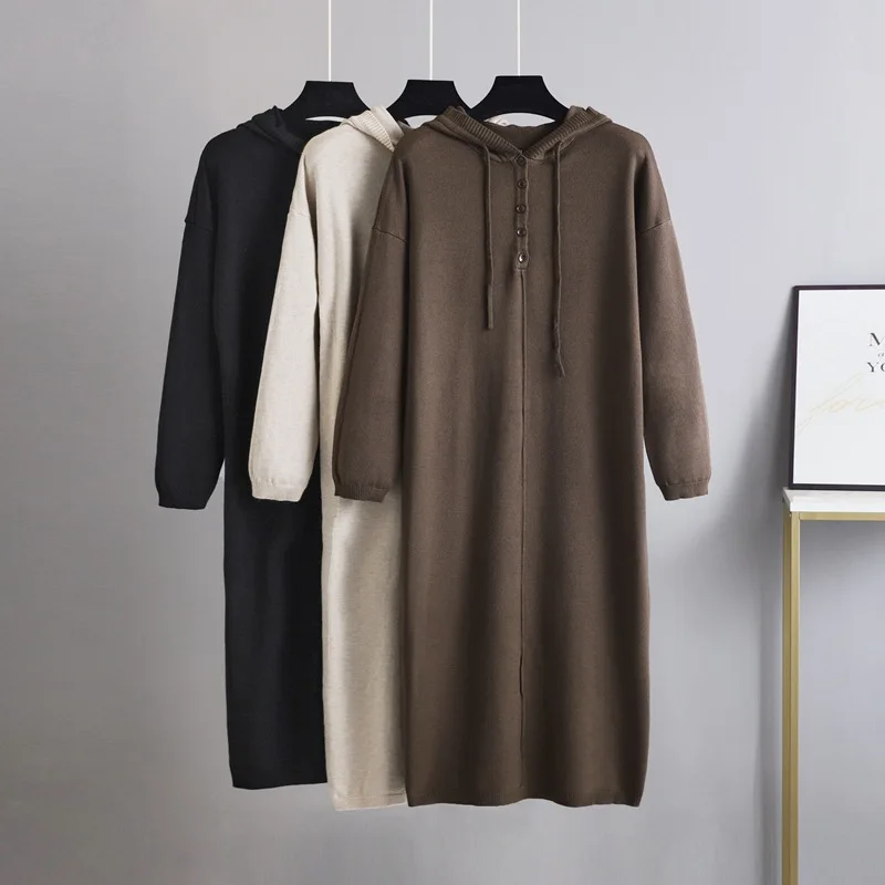 

Осенне-зимнее теплое свободное плотное платье-свитер с капюшоном для женщин длинное платье-свитер свободного покроя для женщин Повседневн...