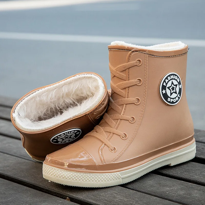 Fashion Solid Color Round Toe Women's Short Boots Waterproof Rainboots with Platform and Warm Cotton for Students, Anti-Slip