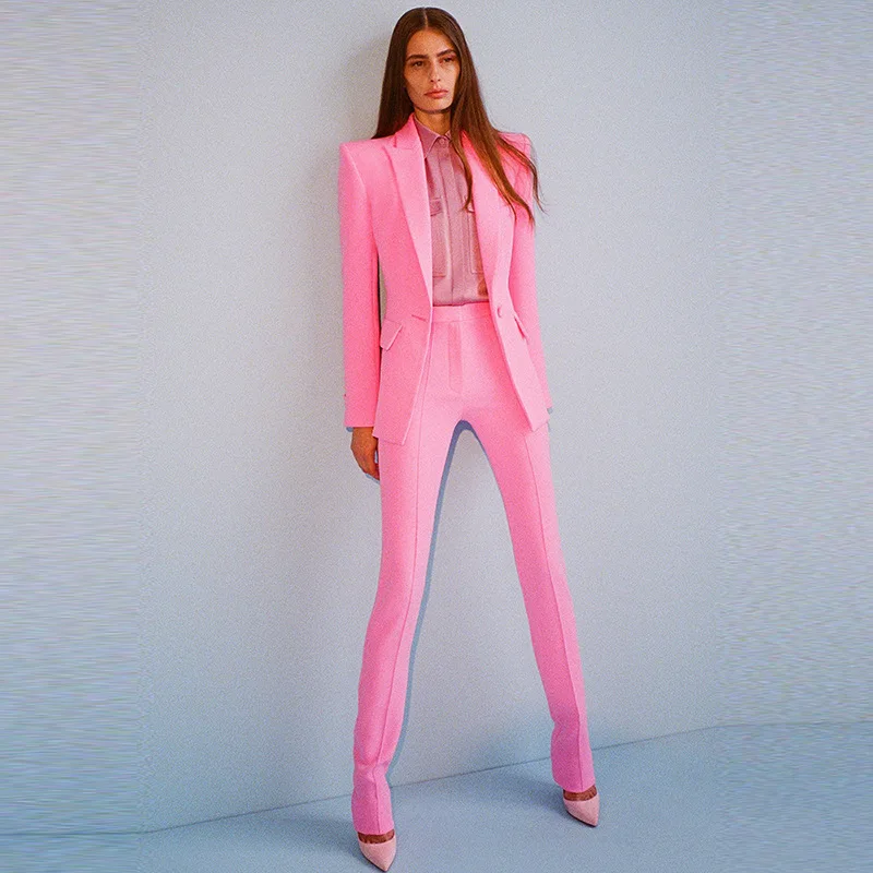 Women Formal Suit Pink Office Ladies Trousers Suit Two Piece Set Business Wear Single Buttons Pencil Pants Blazer Pantsuits