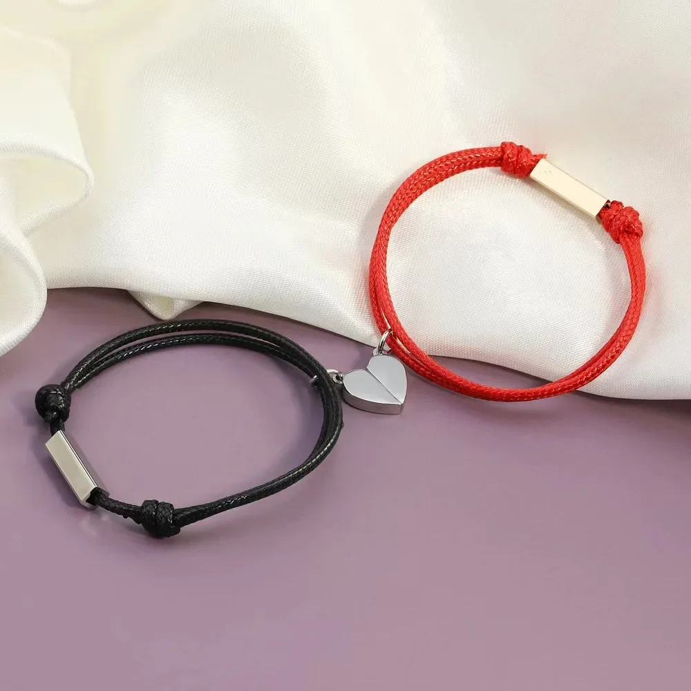 Ribi Titanium Steel Magnetic Heart Couples Bracelet One Set Men Women's Simple Wrist Rope Jewelry Wholesale