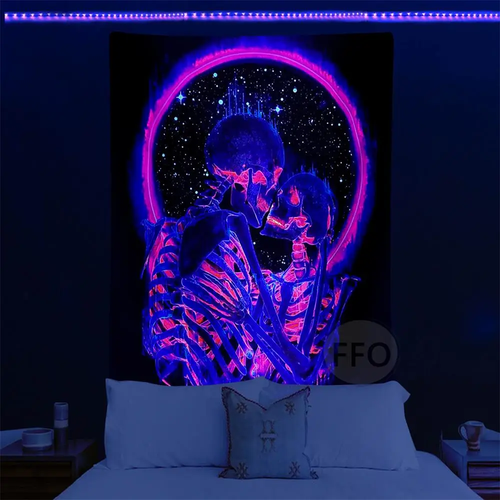 

Skull Blacklight Wall Tapestry UV Reactive Room Decor Aesthetic Luminous Neon Tapestry Bedroom Decoration Yoga Meditation