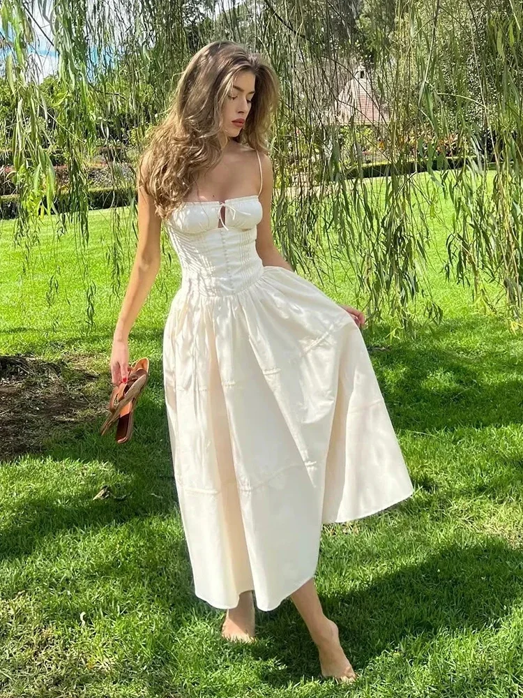 Foridol Buttons Decor Tie Up Party летнее платье женское на тонких бретельках миди синее пляжное