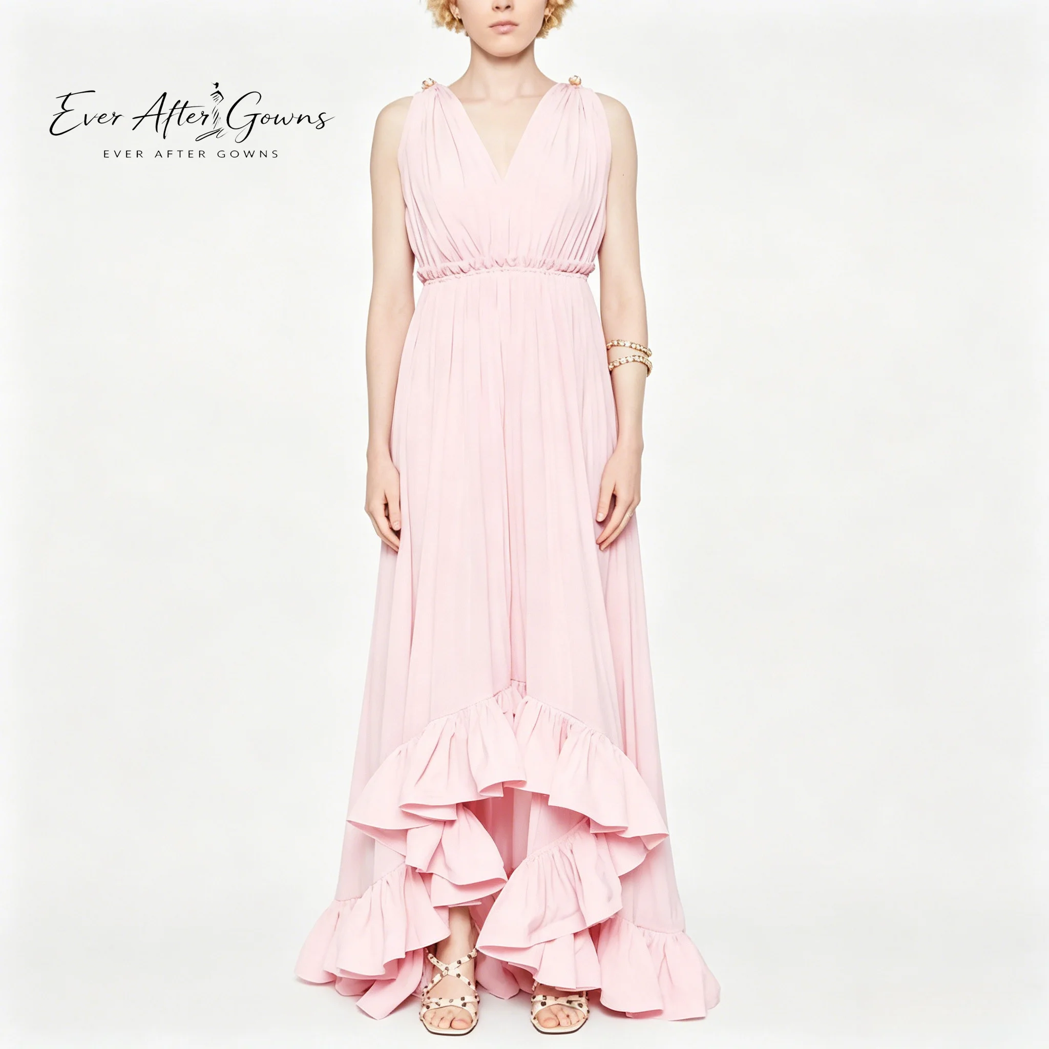 Фото Платье Ever After Gowns из шифона цвета пыльной розы с асимметричным подолом, V-образным вырезом и оборками, для подружек невесты №1