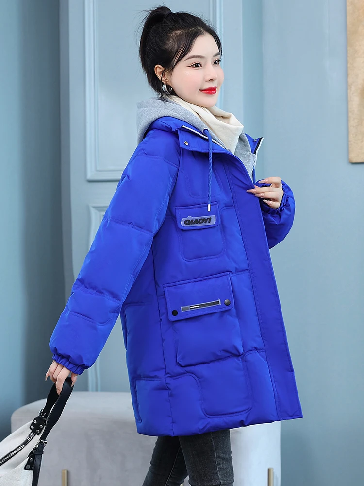 High Quality Women Winter Jacket Hooded Cotton Padded Middle Long Female Parka Solid Black Blue Ladies Coat