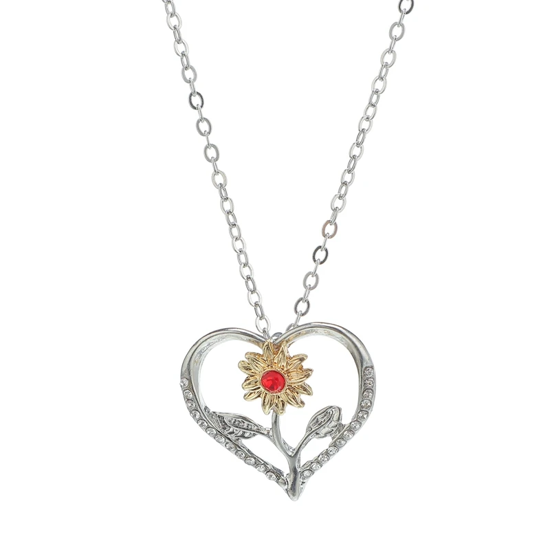 

New Romantic Love Sun Flower Charm Chain Jewelry Heart Rhinstones Sunflower Pendant Necklace For Girl Women