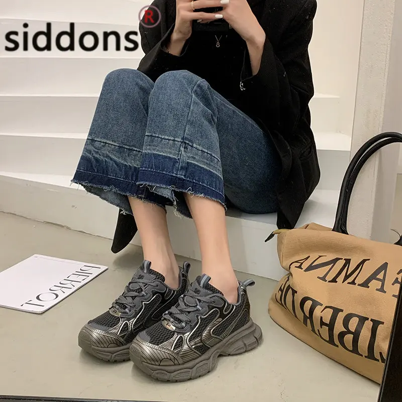 Fashion Breathable Mesh Comfortable Women's Vulcanized Shoes Summer Women's Platform Lace-up Sneakers Running Shoes