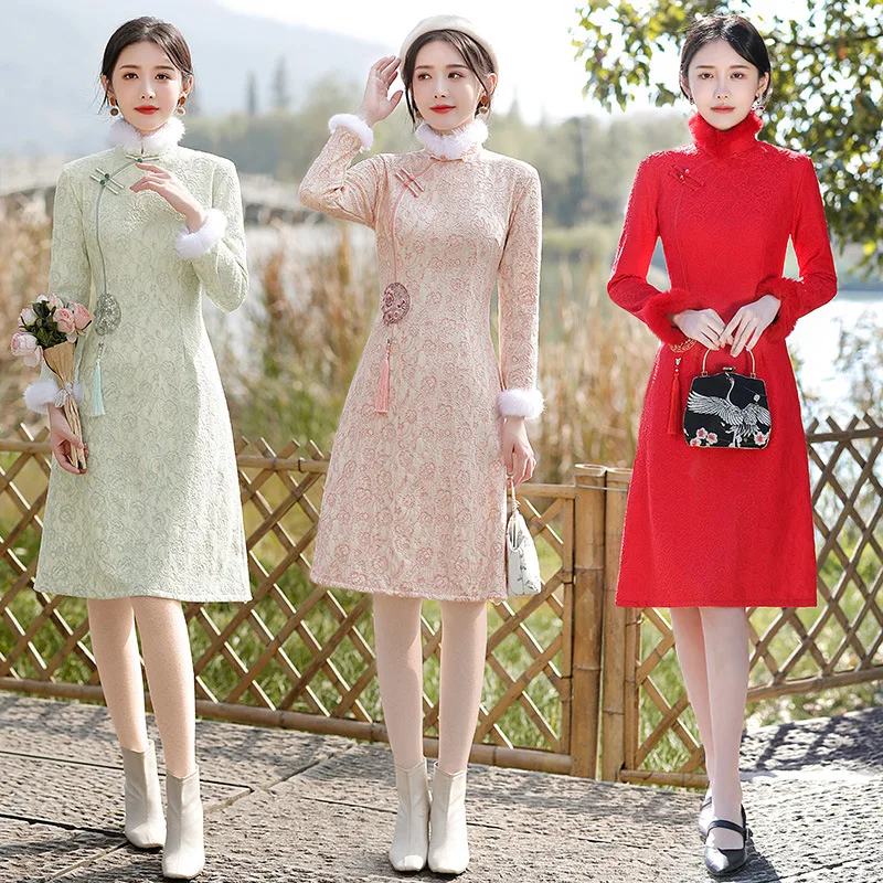 

2022 Lace Plus Fleece Long Sleeves Warm Fur Collar Daily Cheongsam Qipao Autumn and Winter Young Girl Chinese Traditional Dress