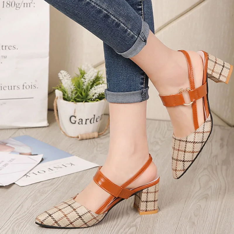 

Summer High Heels Women Sandals Metal Decor Square Heels Comfort Ladies Pumps Breathable Female Beach Sandalias Mujer Plus Size