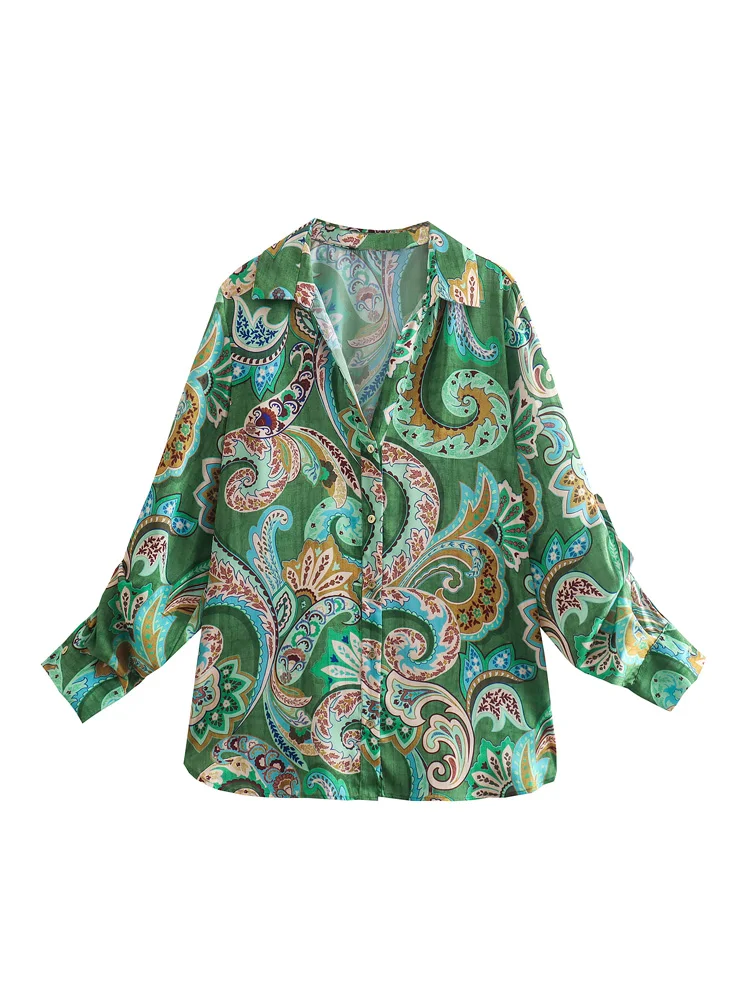 

ZXQJ Women Sexy 2022 Splicing Flowing Printed Loose Shirts Vintage Long Sleeve Front Buttons Female Blouses Blusas Chic Tops
