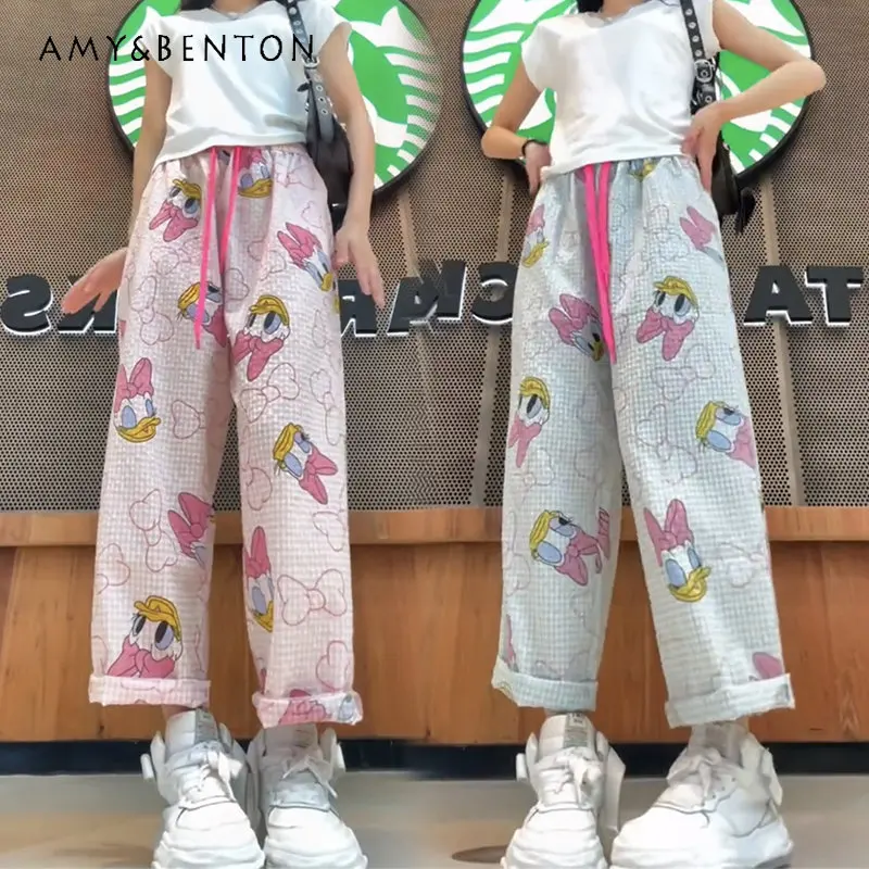Korean Style Plaid Cute Cartoon Floral Print Casual Jumpsuit Women's Clothing Summer Thin Small Straight Cropped Pants Trousers