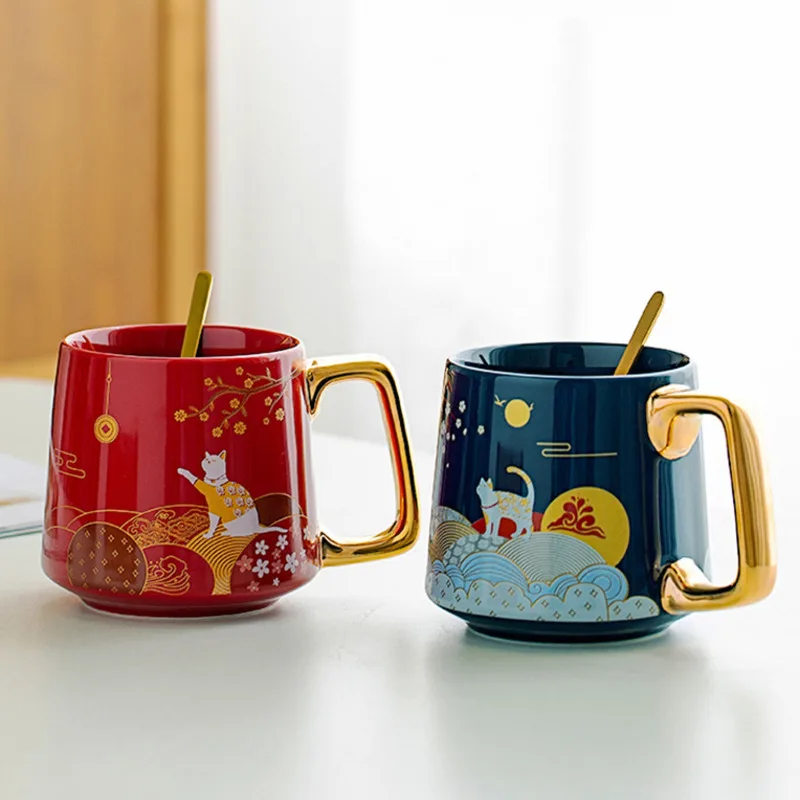 

European-style Ceramic Painted Coffee Cup Creative Lucky Cat Court Style Mugs Household Large-capacity Couple Cups Wedding Gift