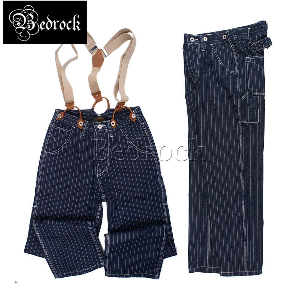 13.5oz men's blue wide-leg striped jeans button fly Loose rail suspenders cargo pants Amekaji Paris buckle denim biker overalls