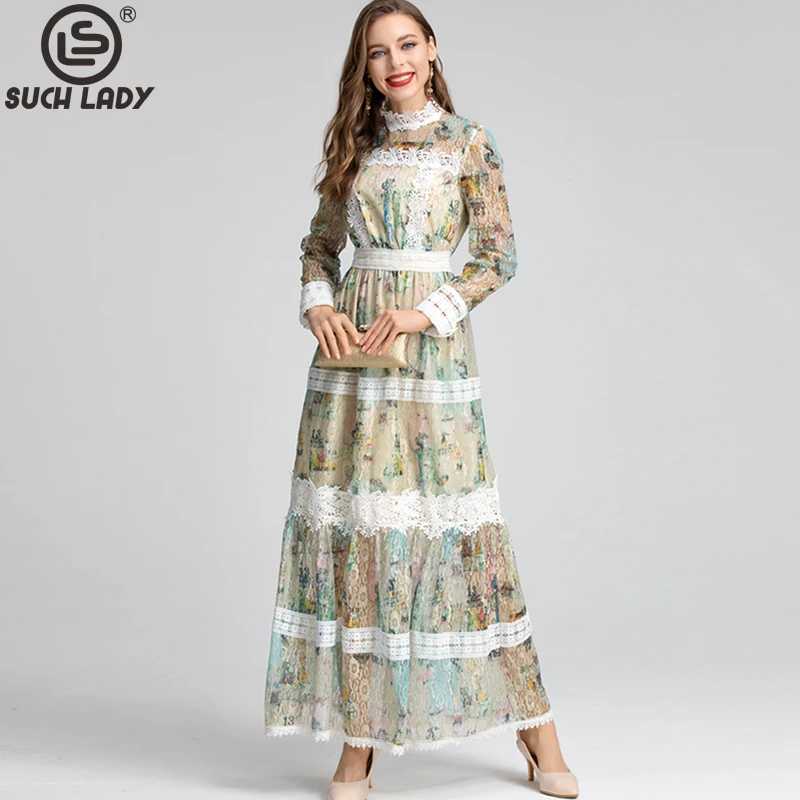 Women's Dresses Stand Collar Tiered Embroidery Lace Printed Elegant Fashion Designer Party Prom Gown