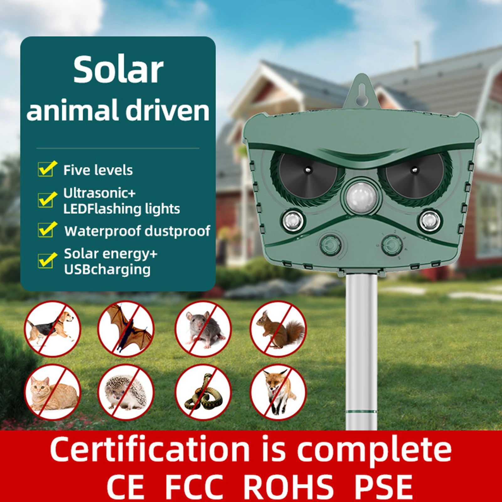 

Solar Animal Repellant Ultrasonic Cat Dog Repellant LED Lights 5 Working Modes Waterproof Animal Deterrent for Outdoor