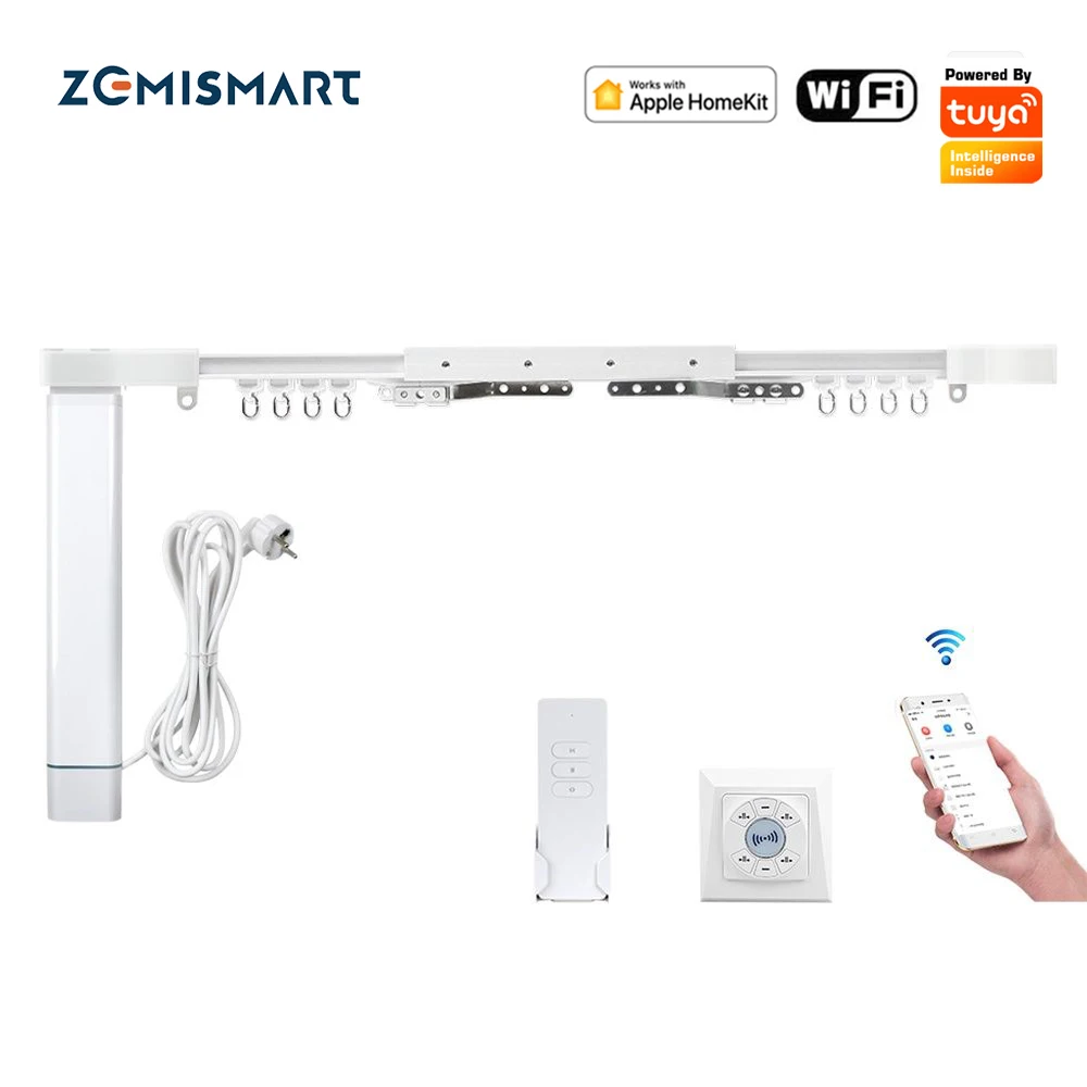 Zemismart-Motor de cortina eléctrico inteligente, WiFi, Tuya, con riel de cortina, Control remoto de pared, Alexa y Google Home