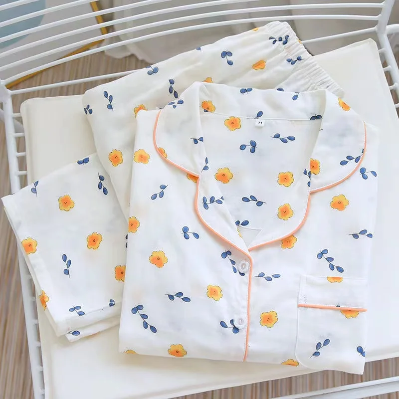 100% Cotton Women Pajamas Set 2 Piece /Set Turn-Down Collar Long-Sleeve Trousers Casual Sleepwear Female Homewear