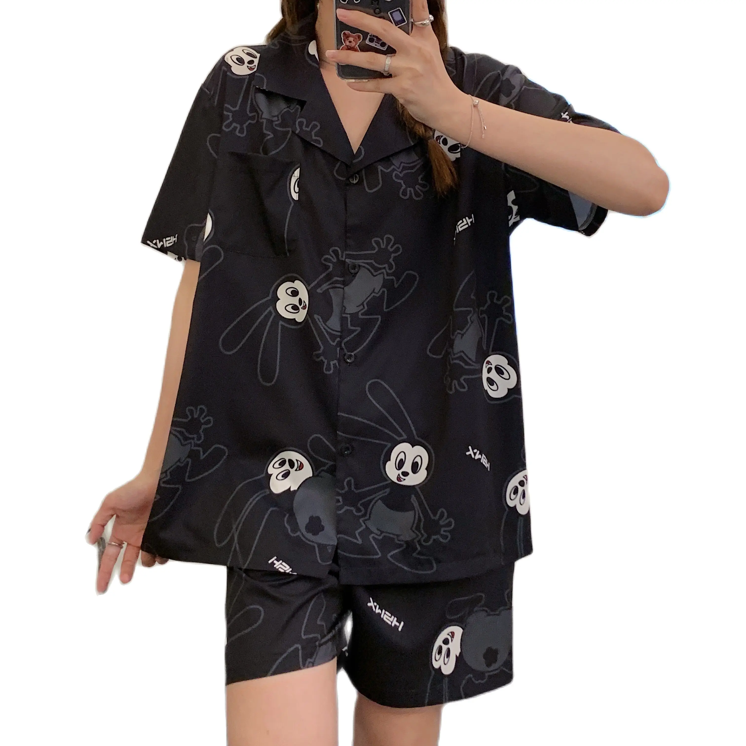 Disney Cartoon Oswald the Lucky Rabbit Satin Pyjamas Women Summer 3 Pieces Set with Shorts Soft Silk Pajamas Set Ladies Outfits