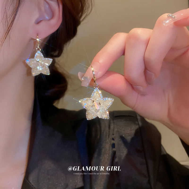 Real Gold Plated Diamond Crystal Star Earrings European And American Personalized Design Small Fragrance