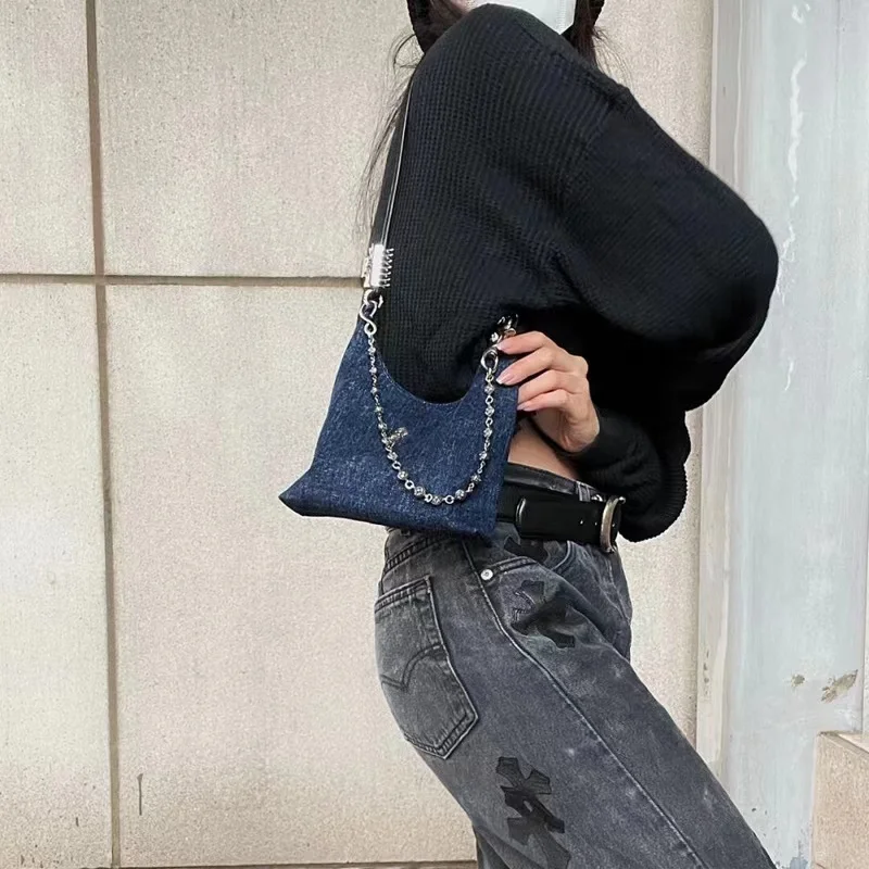 Vintage Handheld Underarm Bag Women's Fashion Design Denim Chain Saddle Bag Casual Fashion Crossbody Lady Punk Bag High Quality