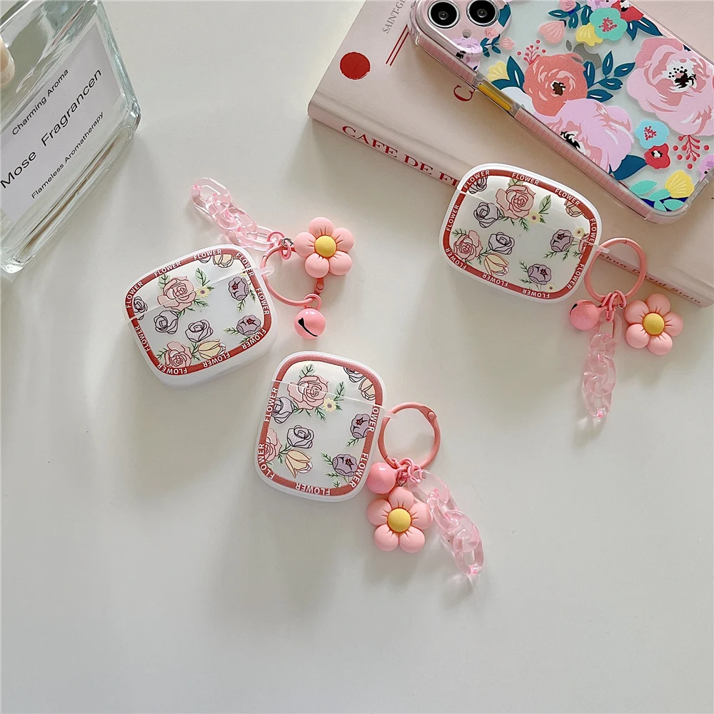 

For Apple Airpods 3 pro 2 1 headset case tulip Rose Daisy flower Earphone Cases Protective cover Charging box with bell keychain