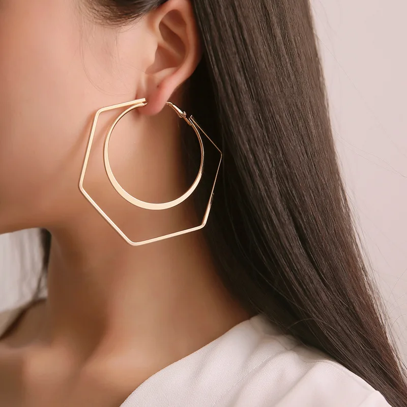 

New Korean Exaggerated Geometric Earring Hexagonal Round Hoop Earrings Women Big Shiny Circle Simple Fashion Jewelry
