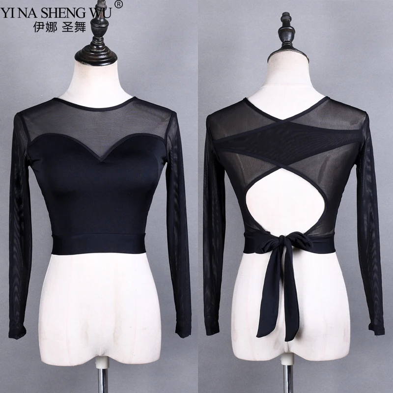 

Топ для латиноамериканских танцев с открытой спиной и перекрестными ремешками, женская одежда для бальных танцев, Самба, танго, тренировочная футболка, черный сетчатый топ