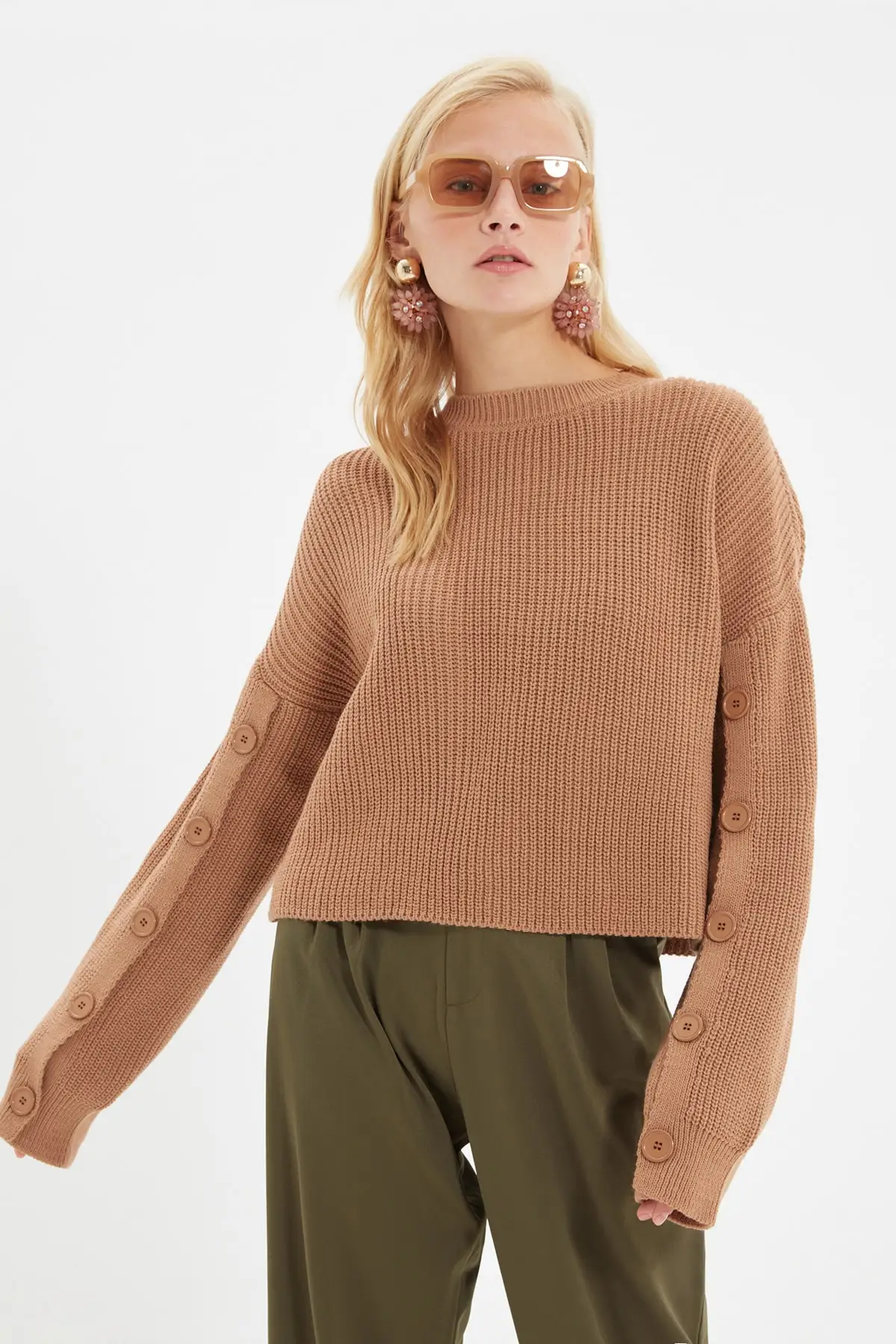 

Camel Button Detail Knitwear Sweater