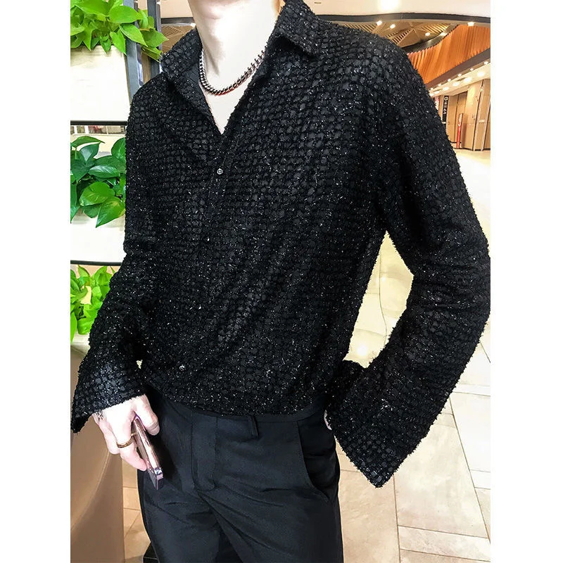 

Men's Autumn Korea Ins Tide Fashionable Lattice Tweed Shirt Loose and Simple