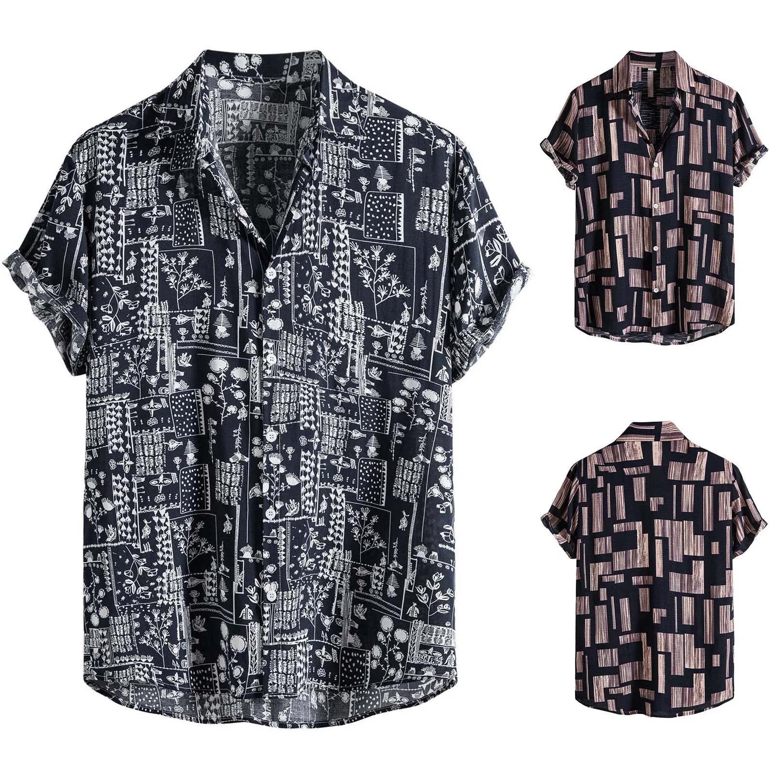 

Men Spring Summer Turndown Collar Casual Printed Tops Shirt Short Sleeve Button Fashion Printed Top business Clothing Elegant