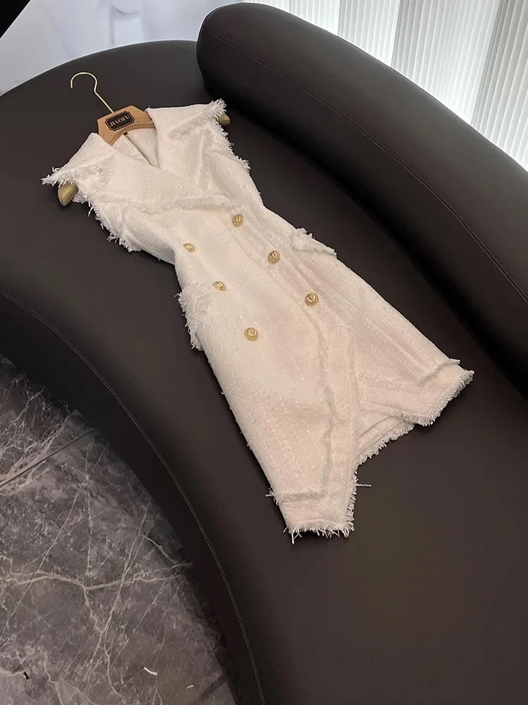 

Женское твидовое платье миди, элегантное однотонное белое платье с высокой талией и отложным воротником, осень 2023