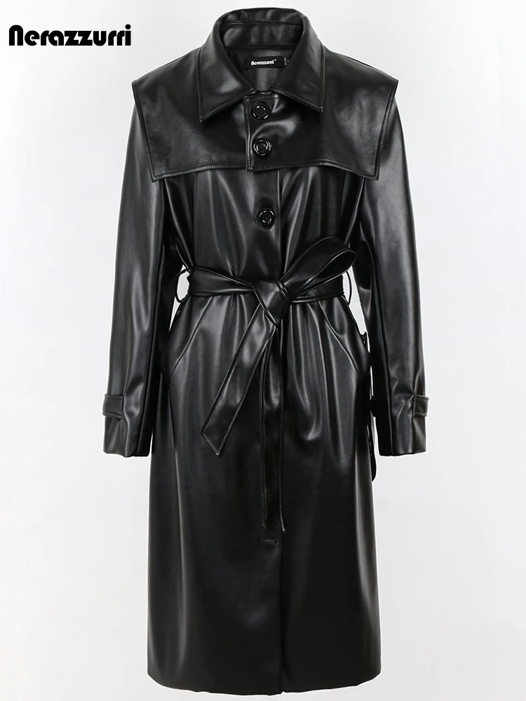 Nerazzurri Autumn Long Black Pu Leather Trench Coat for Women Sashes Single Breasted Luxury Designer Runway European Fashion