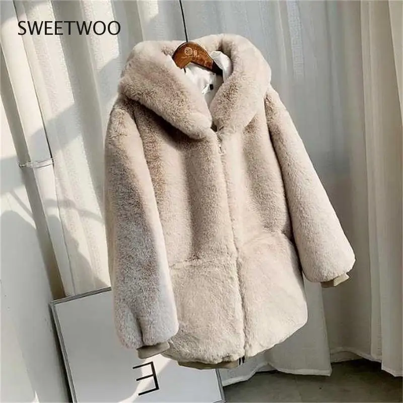 2022 New Winter Imitation Mink Loose Sweater Women Thick Fur Coat Mid-length Hooded Waterproof Mink Coat