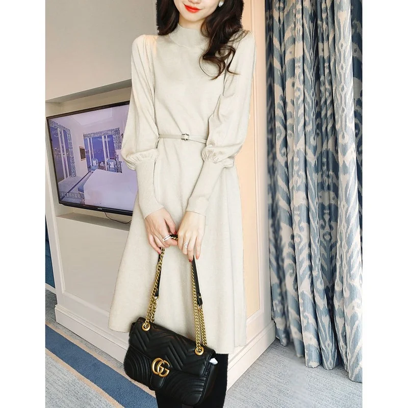 

Autumn and Winter Fashion Casual New Half Turtleneck Knitted Dress Female Lantern Sleeves Solid Color All-match Dress Women