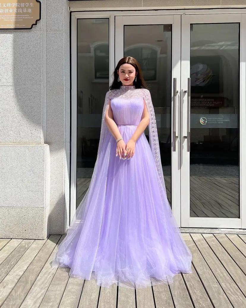 

Lilac High Neck Glitter Prom Dresses Sequin Floor Length Evening Gowns Long Party Formal Event Dress Robes De Soirée