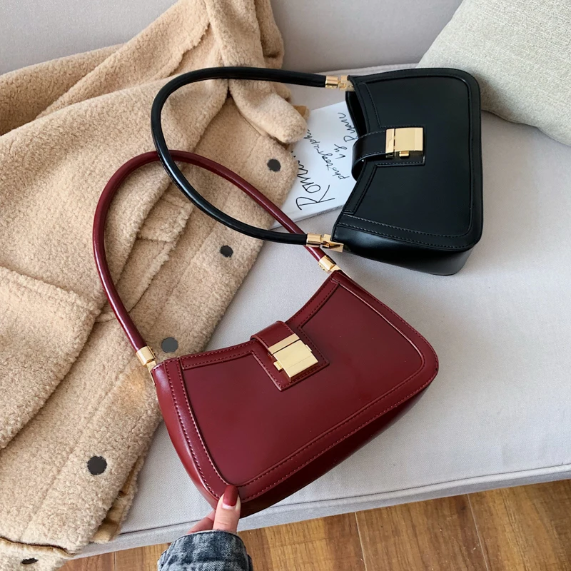 

Vintage Trendy Solid Color Ladies Underarm Shoulder Bag Lacquer PU Leather Handbag Women Fashion Brand Women Chain Purse
