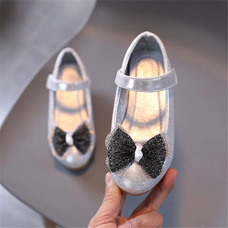 

Girls shoes Fashion Rhinestone Bow Princess Shoes Soft bottom Non-slip girls crystal High heel Wedding party dress shoes 1-12y