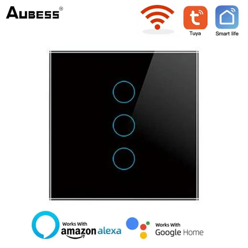 

AUBESS Smart Life Touch WiFi Wall Switch Light APP No Neutral Wire Required 1/2/3/4 Gang Tuya EU Glass Voice Google Home Alexa