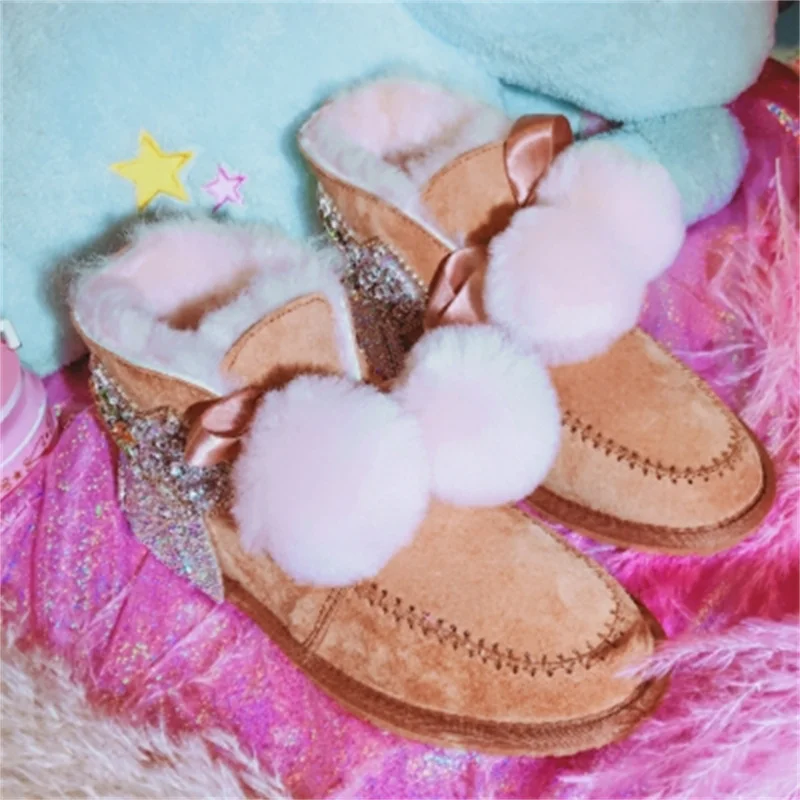 

Handmade custom rhinestone gem tassel low-barrel fur cotton shoes women's warm and comfortable snow boots 35-40