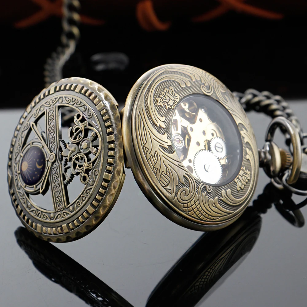 Antique Moon Phase Flywheel Gear Relief Steampunk Mechanical Pocket Watch Retro Gentleman Analog Signal Clock Lady Jewelry Gift