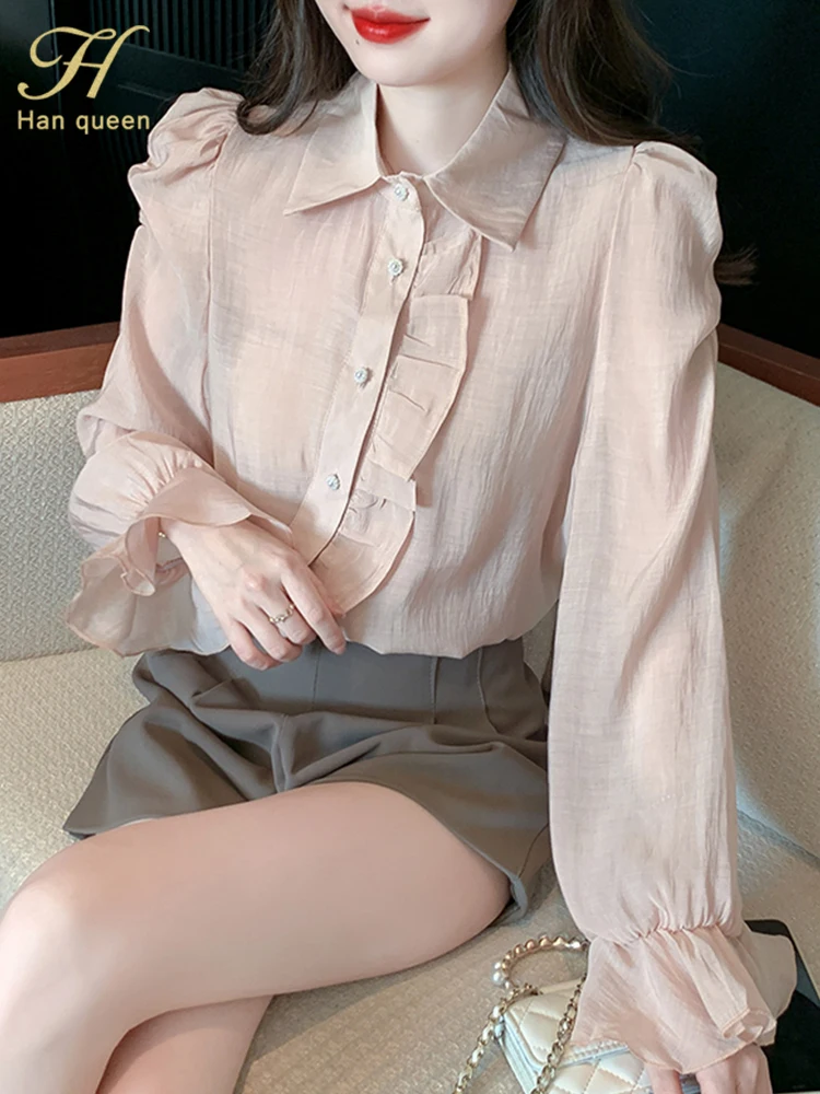 

H Han Queen 2023 Spring Blouses Loose Flare Sleeve Chiffon Blouse Work Casual Tops Women's Elegant Simple Series Vintage Shirts