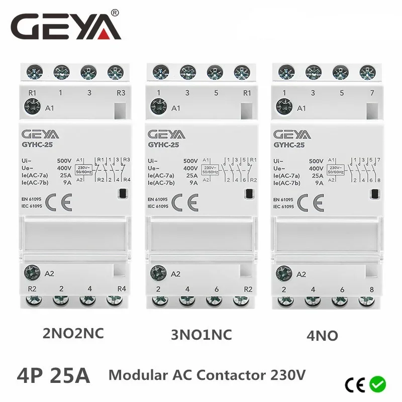 

GEYA Автоматический модульный бытовой контактор на DIN-рейку AC230V 4P 25A 4NO 2NO2NC 3NO1NC 50/60 Гц