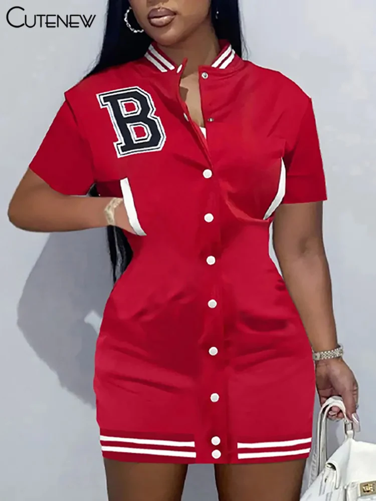 

Cutenew Letter Embroidery Cosy Silky Mini Dress Women Summer Casual Single Breasted Short Sleeves Pocket Slim Lady Streetwear