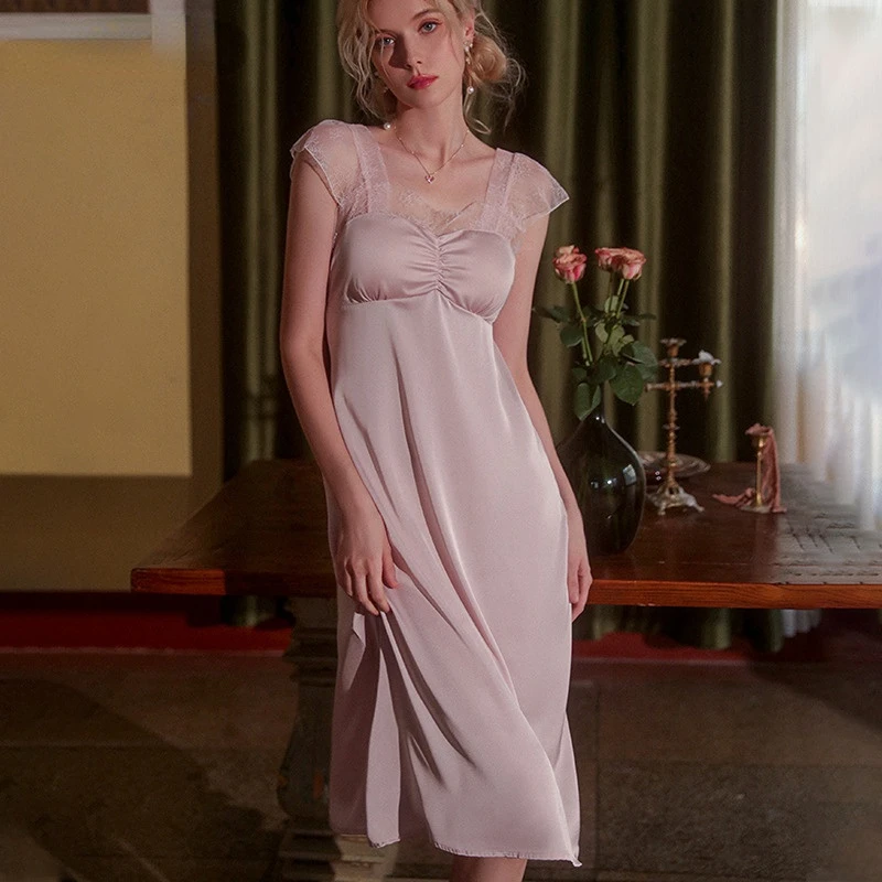 French Style Nightdress with Chest Pad Women's Long Lace Princess Suspenders Can Be Worn Outside Small Chest Silk Home Clothes