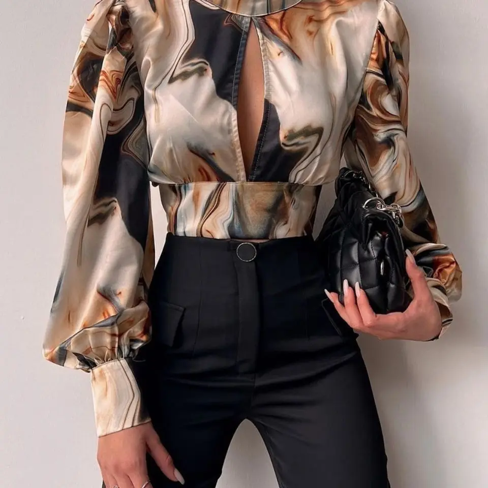 

Vertical Collar Lantern Sleeve Sexy Open-back Printed Lace Shirt Spring Women Top джинсовая рубашка женская Womens Tops
