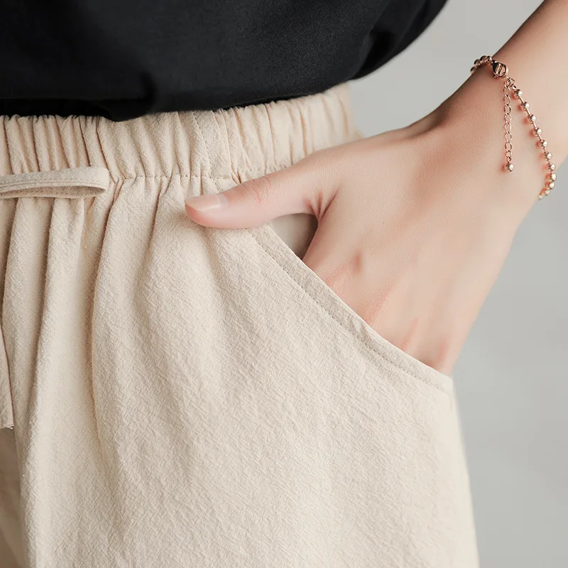 Wide Leg Pant Drawstring Elastic Waist Bikers Shorts Women Shorts Spring Summer 2023 Loose Linen Cotton Solid Casual